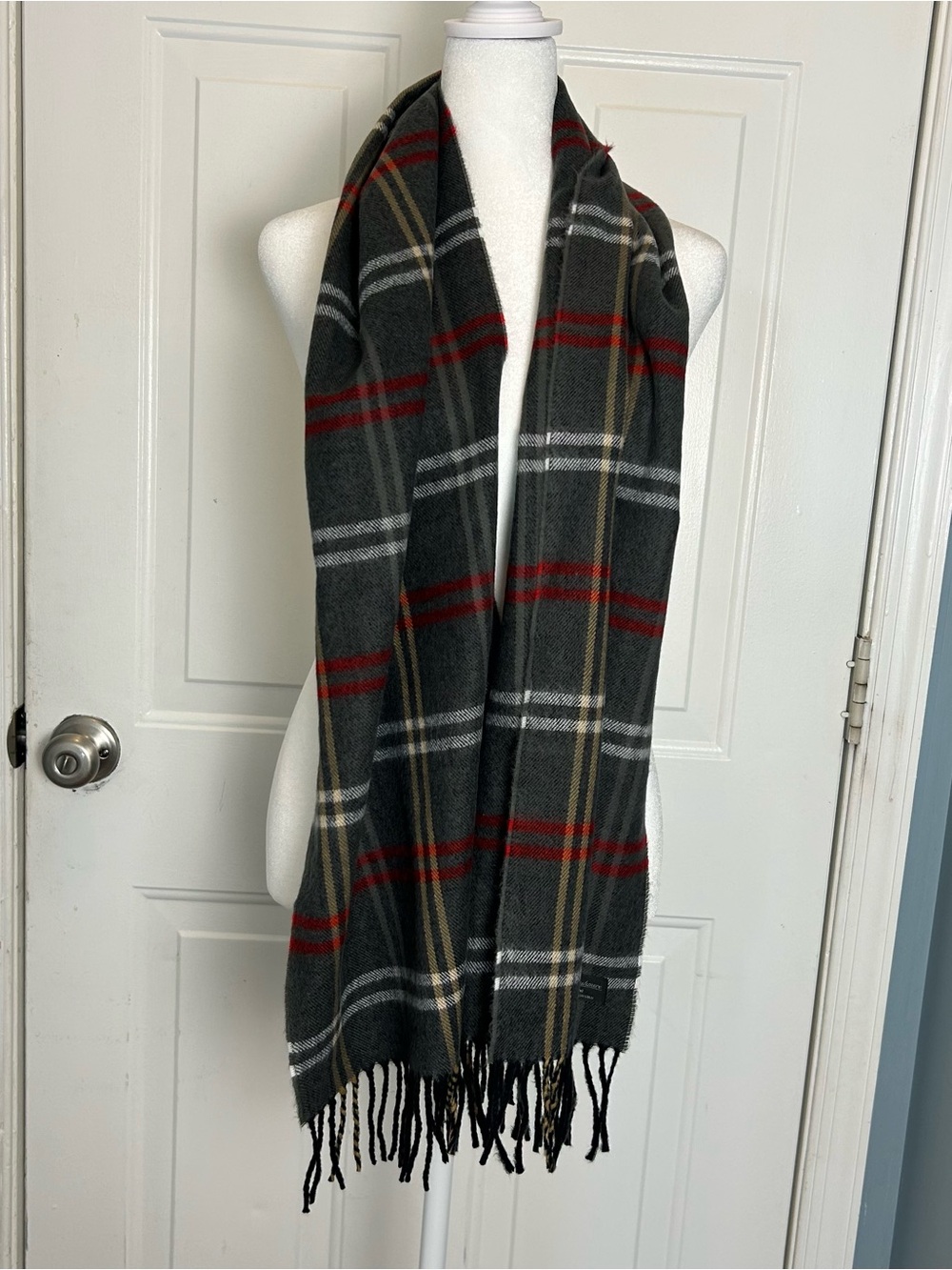 Scottish Made 100% Cashmere Scarf Gray, White Yellow Tartan Plaid